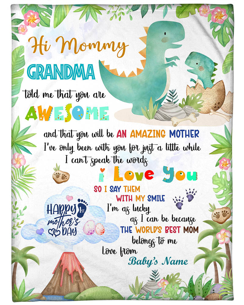 Personalized Hi Mommy Grandma Told Me That You Are Awesome Blanket, Happy 1st Mother's Day Cute Dinosaur Blanket