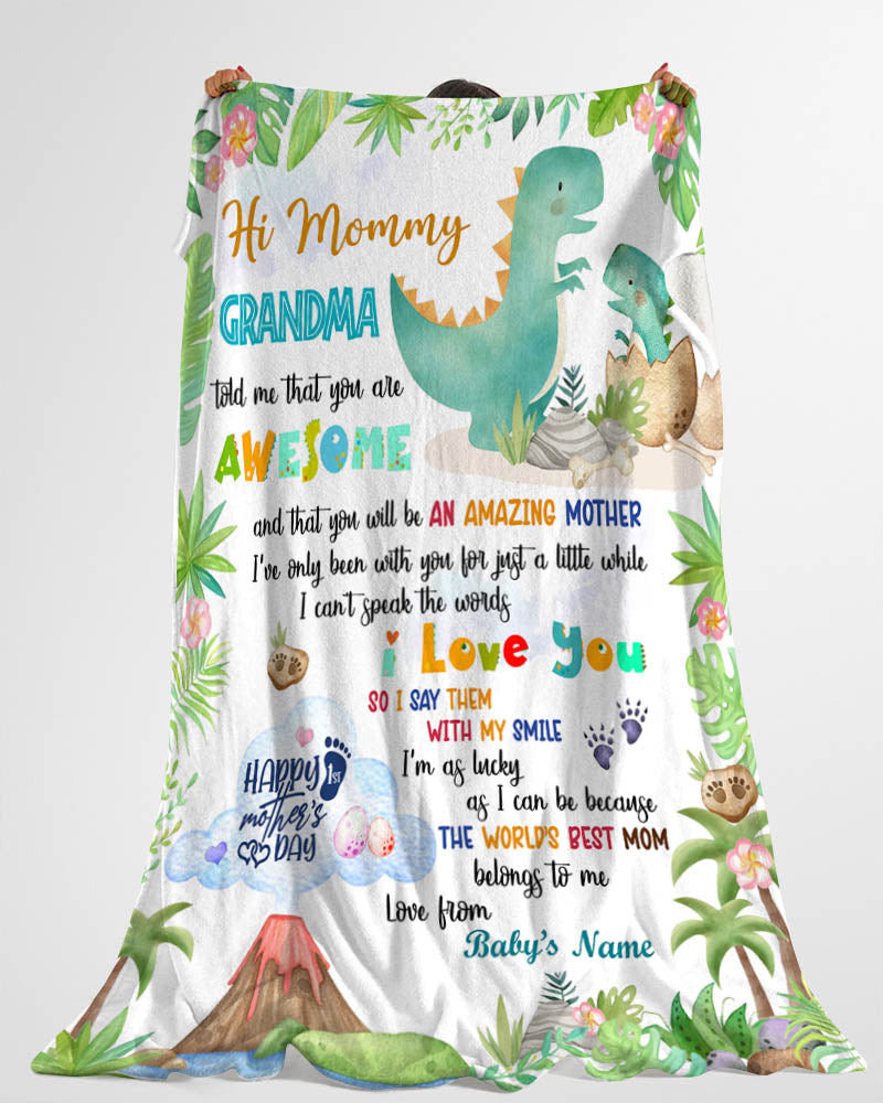 Personalized Hi Mommy Grandma Told Me That You Are Awesome Blanket, Happy 1st Mother's Day Cute Dinosaur Blanket