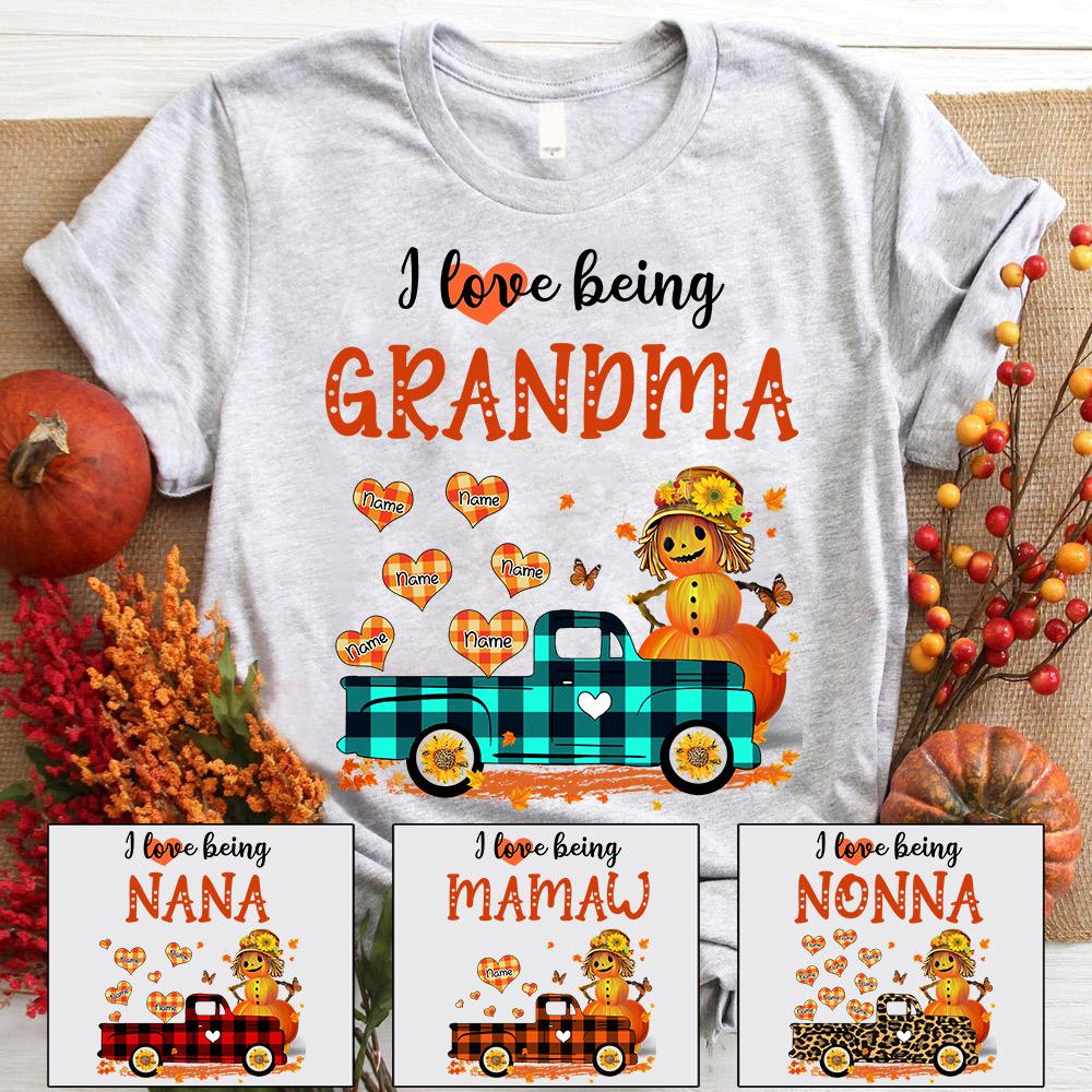 I Love Being A Nana Straw Man Pumpkin Truck Shirt, Grandma Nana Halloween Shirt, Custom Grandma With Grandkids Name Shirt