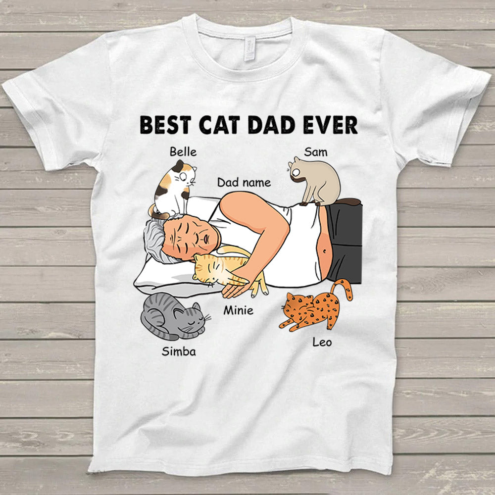 Personalized Dad Bod Sleeping With Cats, Best Cat Dad Ever Funny T-Shirt Gift For Cat Dad