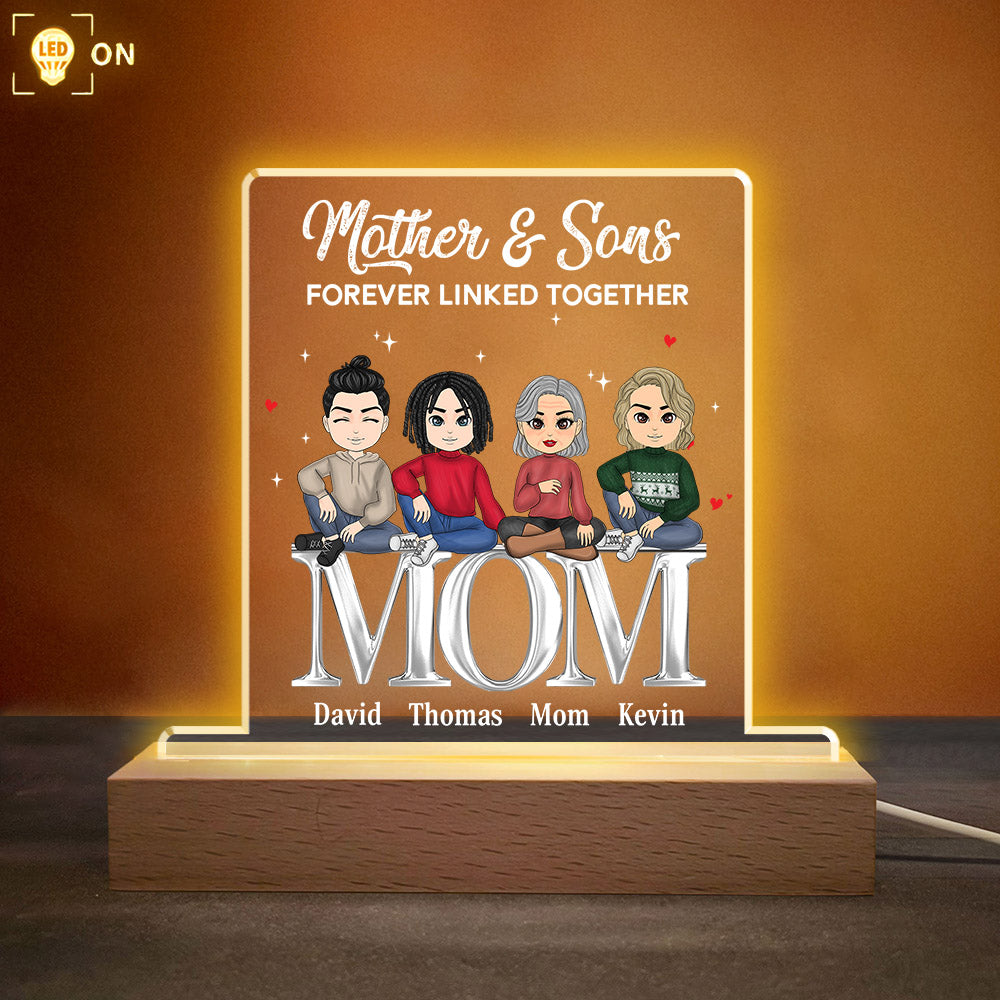 Personalized Mother And Son Forever Linked Together - Custom Mother Kids Sitting On Words Acrylic Plaque LED Light Wooden Base