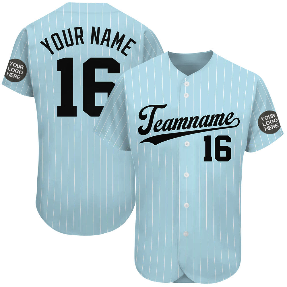 Custom Logo Name Number Light Blue Pinstripe Baseball Jersey