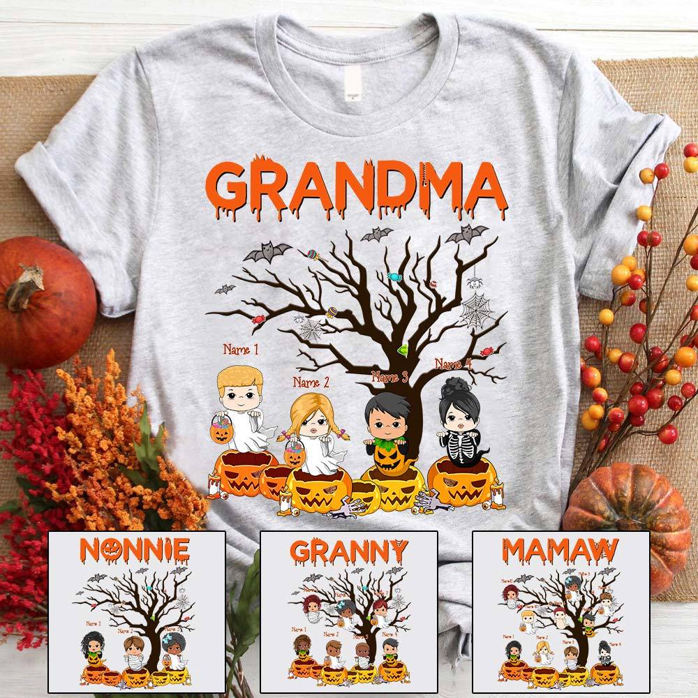 Grandma's Litte Ghouls Tree And Pumpkins Halloween Shirt, Grandma Halloween Shirt, Custom Grandma With Grandkids Name Shirt