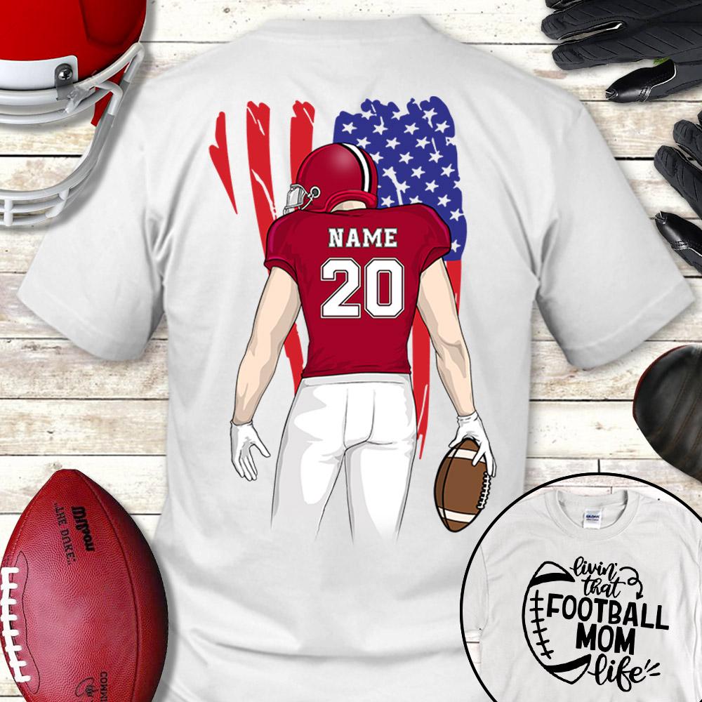 Livin That Football Mom Life Shirt, Personalized American Football Son Shirt, Custom Son Name And Number Shirt.