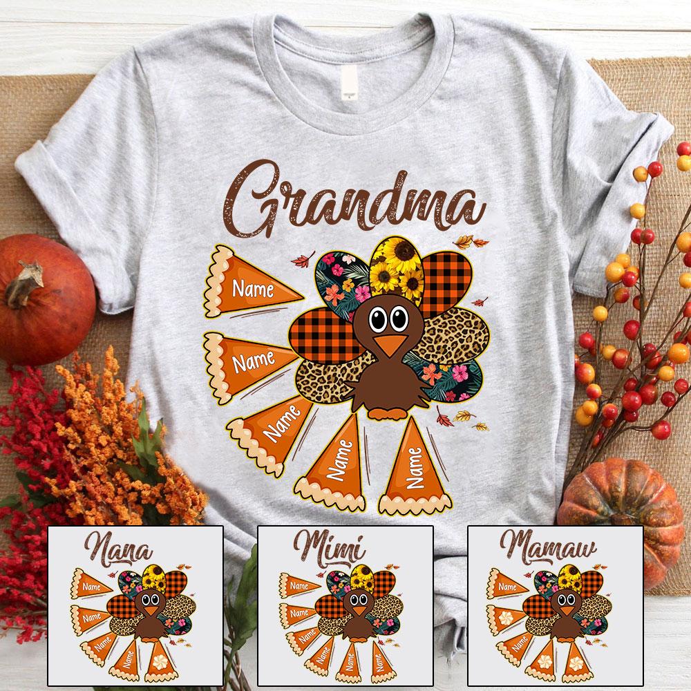 Personalized Grandma Turkey With Little Pies Shirt, Funny Grandma Nana Mimi Halloween Shirt, Custom Grandma With Grandkids Name Halloween Shirt