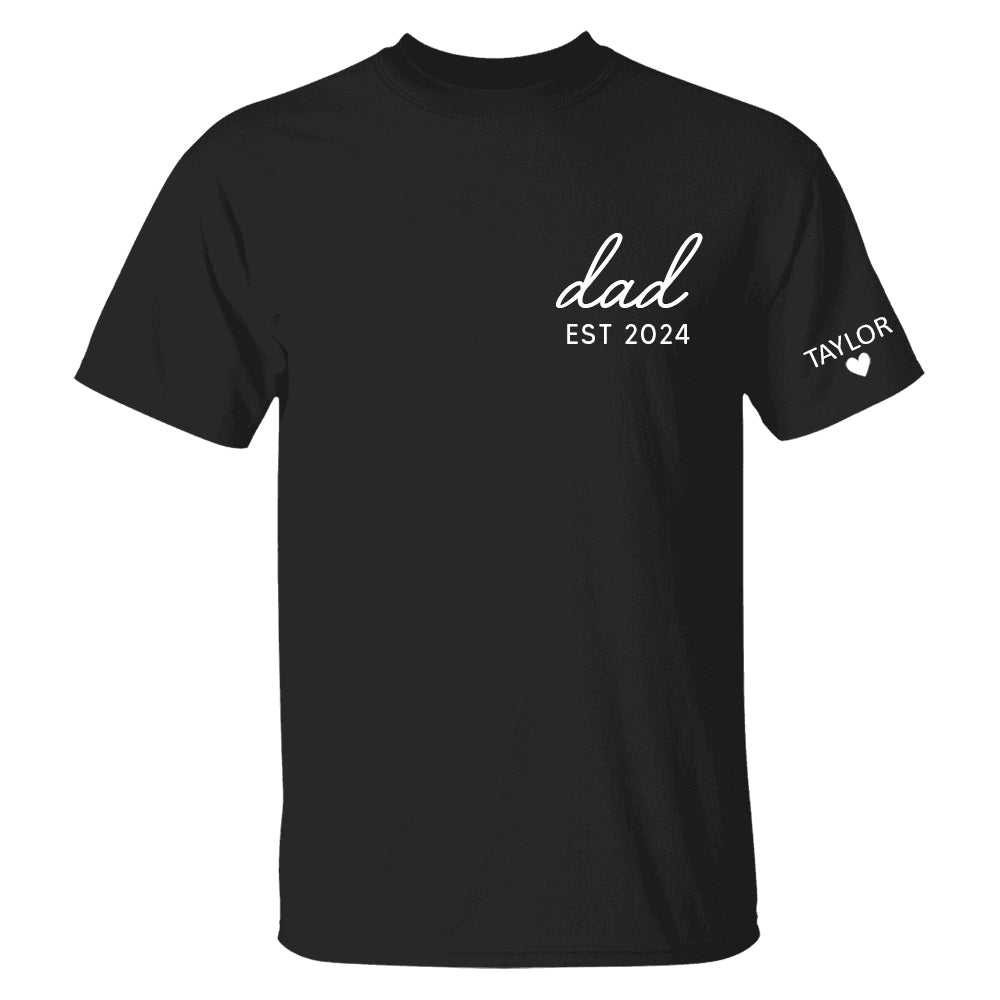 Personalized Dad Est Year T-shirt, Custom Children Names On Sleeve Shirt, Dada Est 2025 2025, Father's Day Gift, New Papa