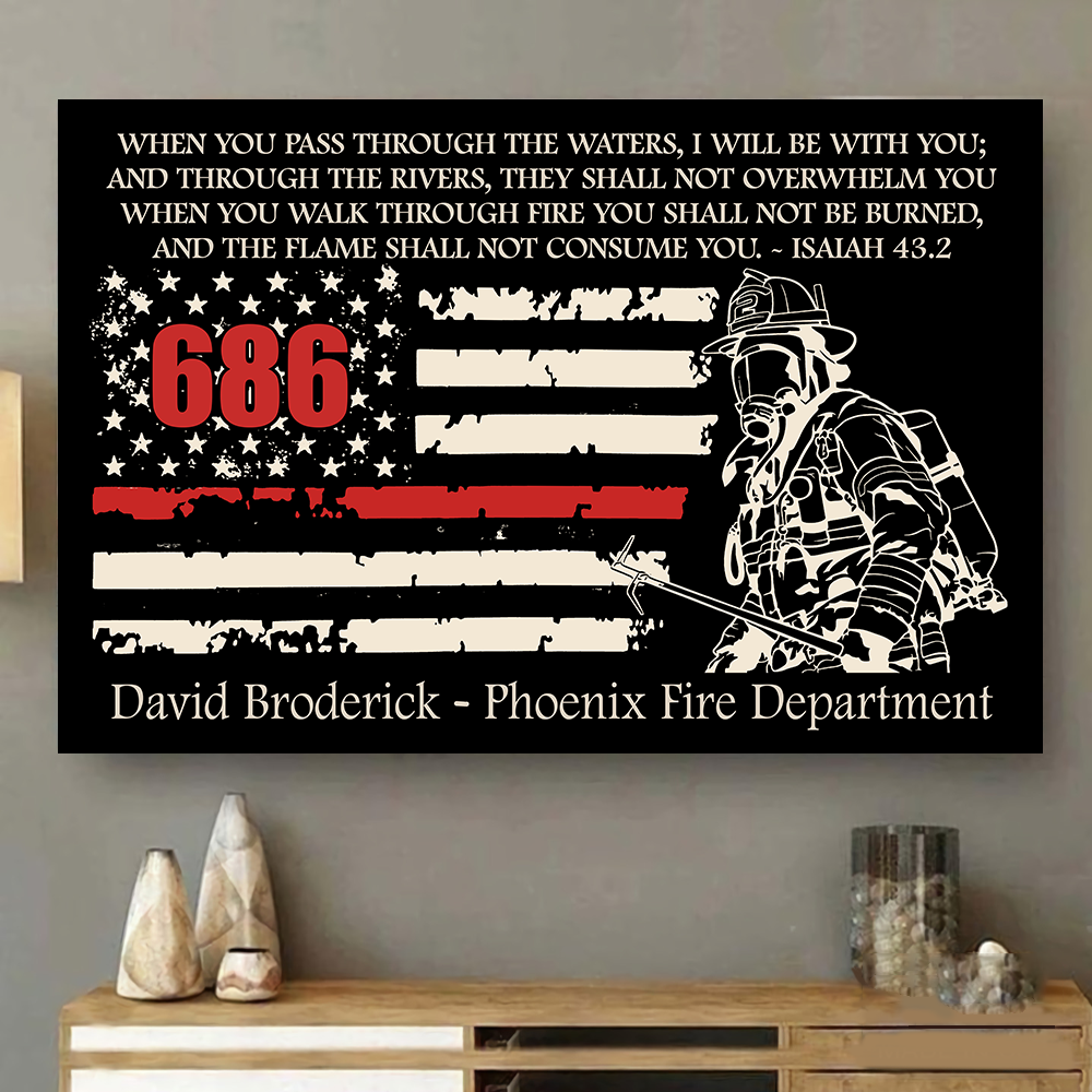 Personalized Poster Canvas Firefighter Gift For Him with Firemans Image Firefighter Decor Thin Red Line American Flag H2511