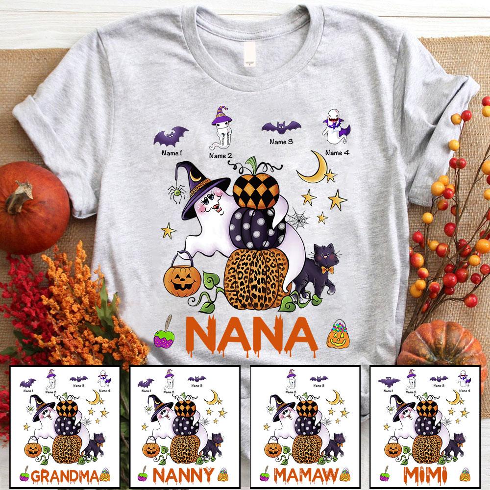 Personalized Grandma With Cute Bat And Ghost Halloween Shirt, Grandma Nana Mimi Halloween Shirt, Custom Nana With Grandkids Name Shirt.