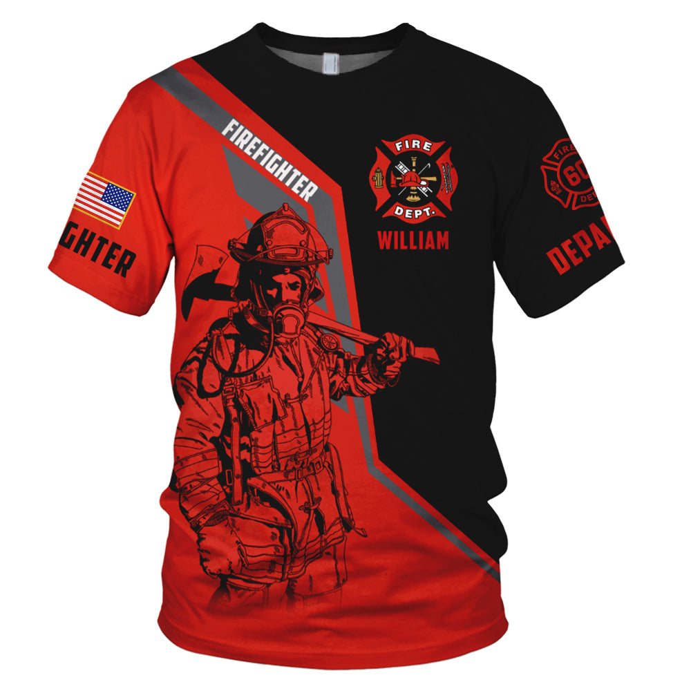 Personalized Firefighter Tribute Shirt Featuring Your Name, Badge Number, and Fire Department Logo