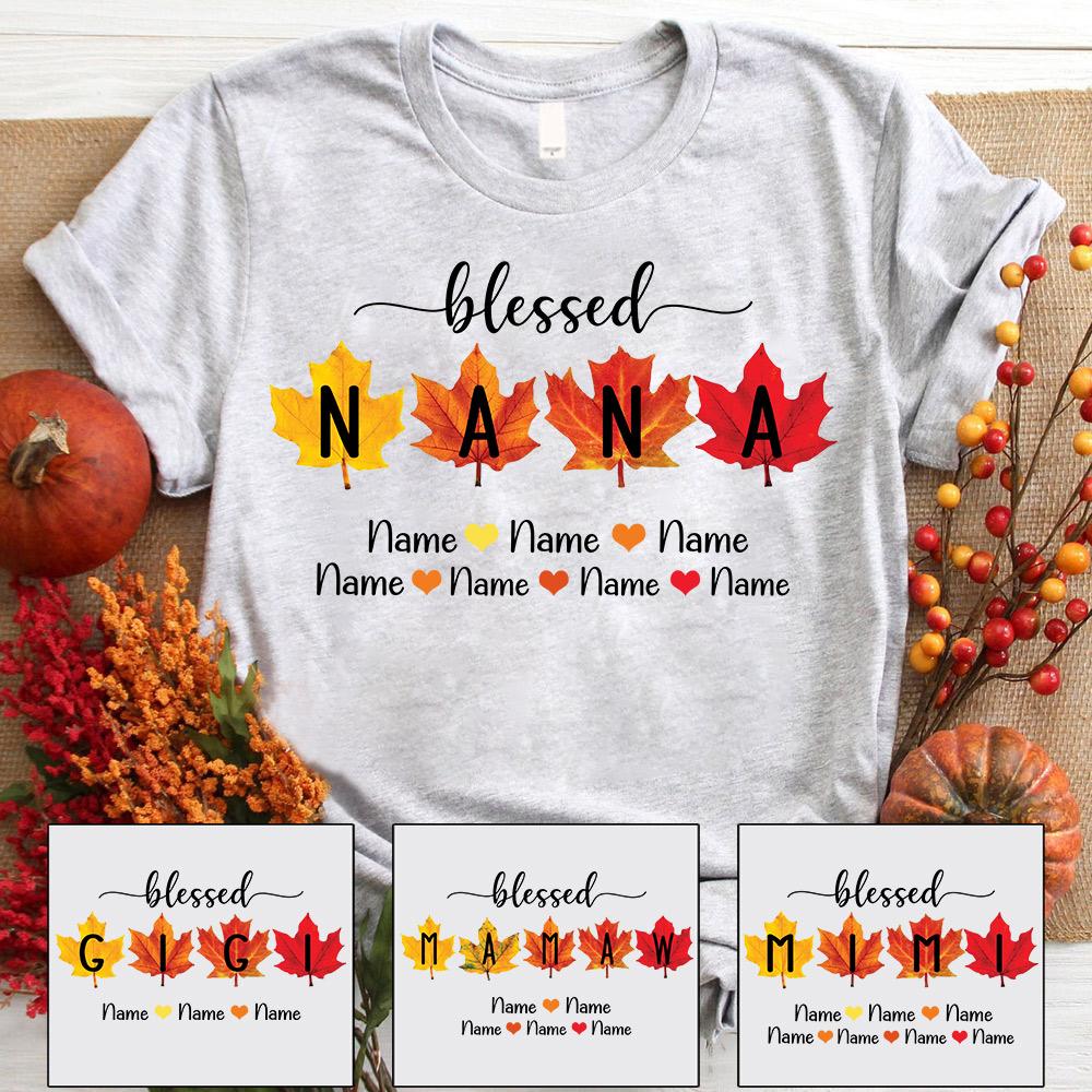Personalized Blessed Nana Leaf Autumn Shirts, Grandma Nana Halloween Shirt, Custom Nana With Grandkids Name Shirt.