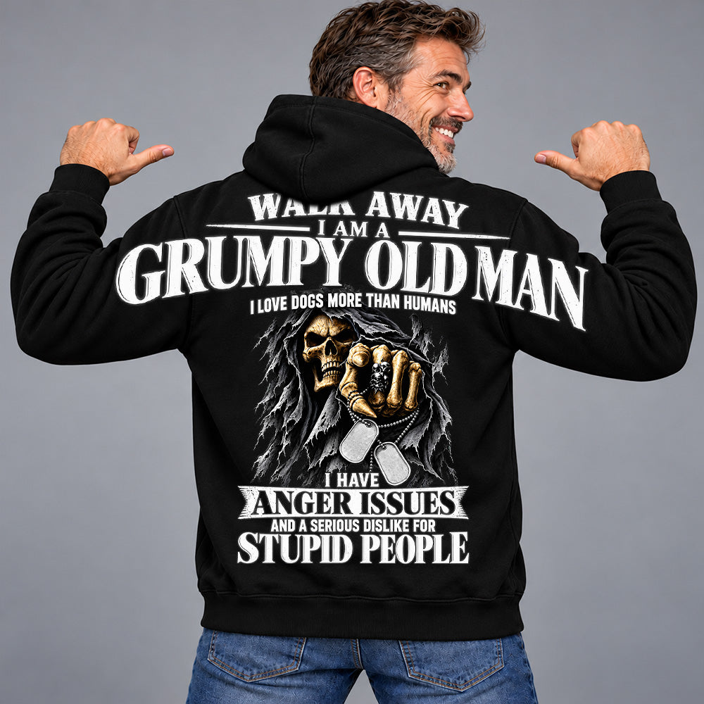 Walk Away I Am A Grumpy Old Man I Love Dogs More Than Humans I Have Anger Issues Skeleton Oversized Shoulder Print Shirts T24