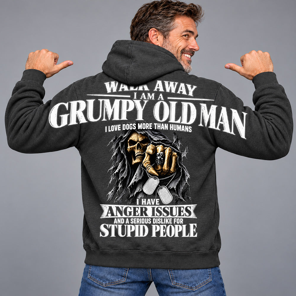 Walk Away I Am A Grumpy Old Man I Love Dogs More Than Humans I Have Anger Issues Skeleton Oversized Shoulder Print Shirts T24