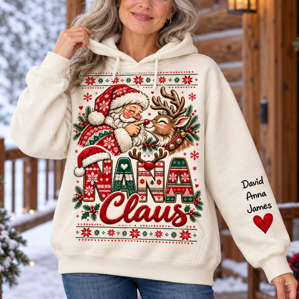 Custom Nana Claus Sweatshirt with Grandkids Names, Personalized Christmas Sweater, Cute Santa and Reindeer Holiday Crewneck C2408 Nh00 KL07