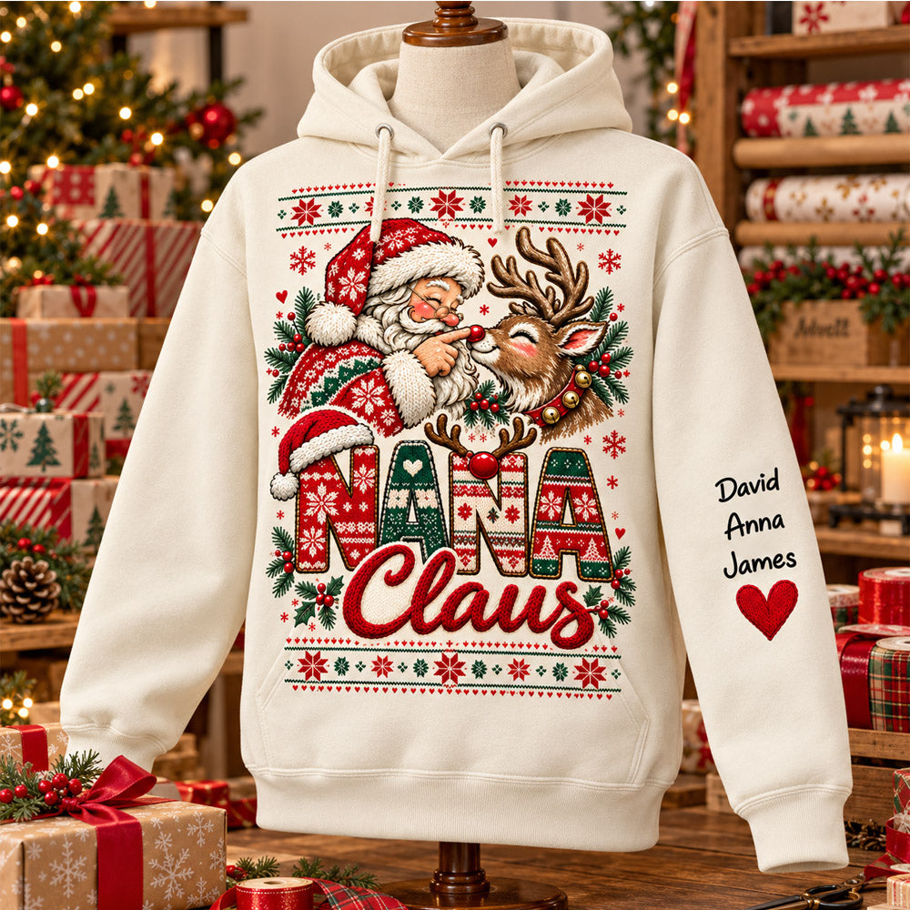 Custom Nana Claus Sweatshirt with Grandkids Names, Personalized Christmas Sweater, Cute Santa and Reindeer Holiday Crewneck C2408 Nh00 KL07