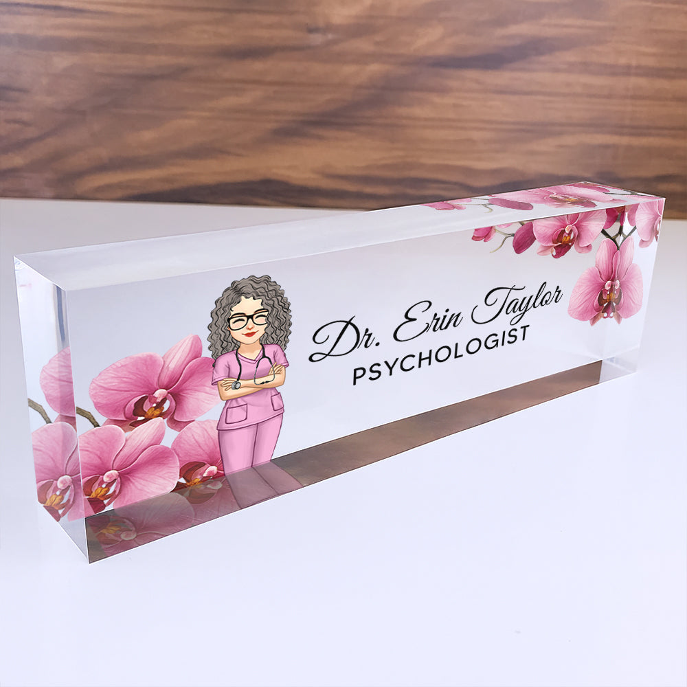 Office Desk Name Plate Personalized | Custom Name Plates for Desks | Flowers Designs On Clear Acrylic Glass | Office Desk Decor Hv01