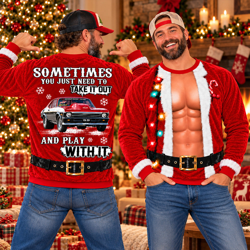 Take It Out & Play - Funny Muscle Santa – Custom Photo Car Christmas Sweatshirt - Gift For Car Lovers A2110 T24