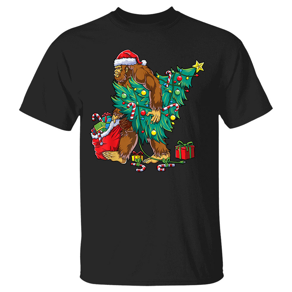 Bigfoot Christmas Tree Lights Xmas Boys Men Sasquatch Lovers Shirt