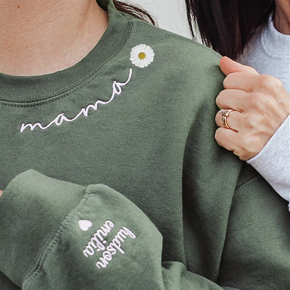 Custom Mama Embroidered Sweatshirt With Kid Name On Sleeve - Personalized Grandma Embroidered Sweatshirt