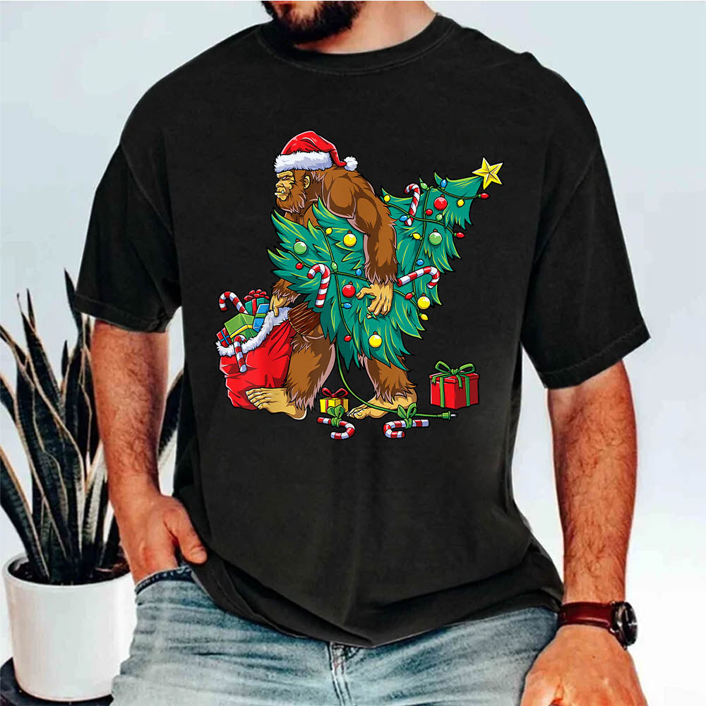 Bigfoot Christmas Tree Lights Xmas Boys Men Sasquatch Lovers Shirt