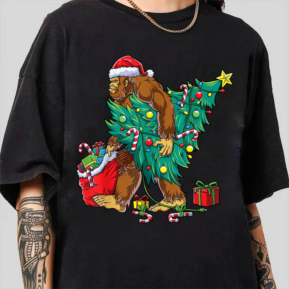 Bigfoot Christmas Tree Lights Xmas Boys Men Sasquatch Lovers Shirt