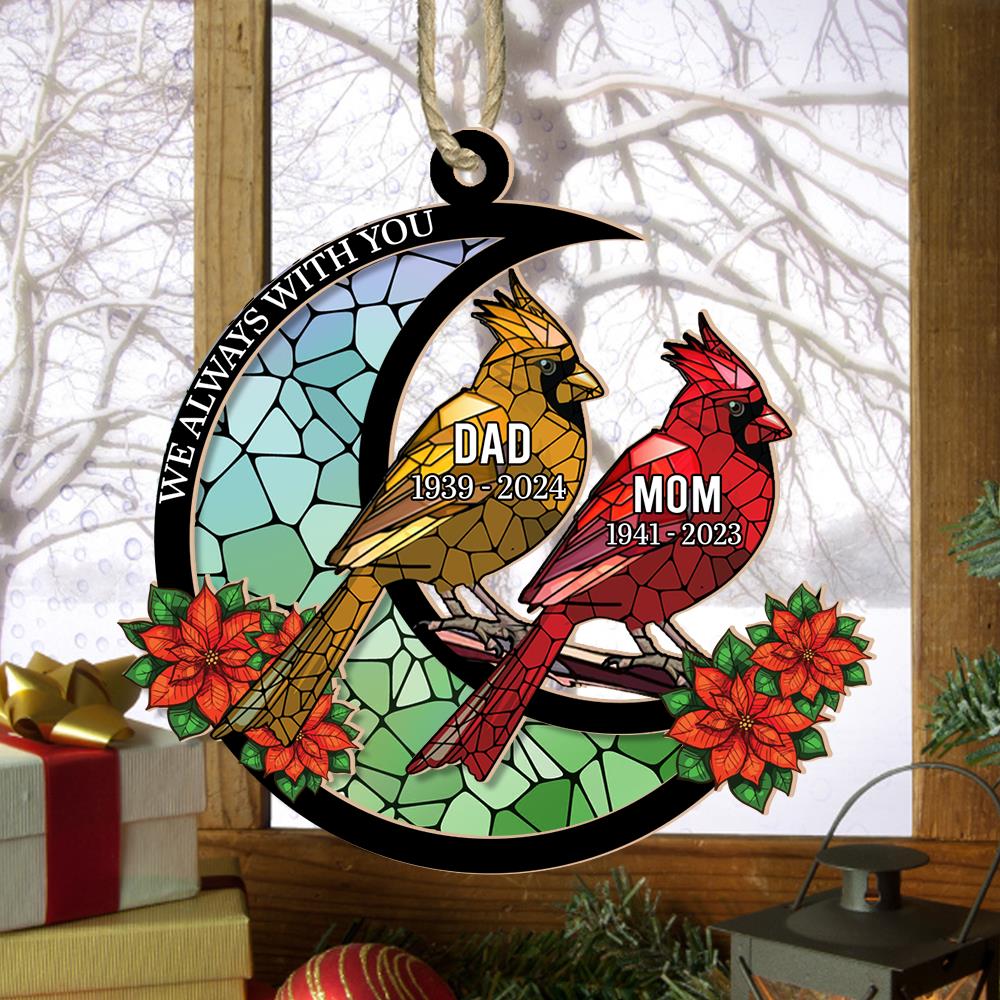 Memorial Cardinal Stained Glass Moon - Personalized Window Hanging Suncatcher Ornament