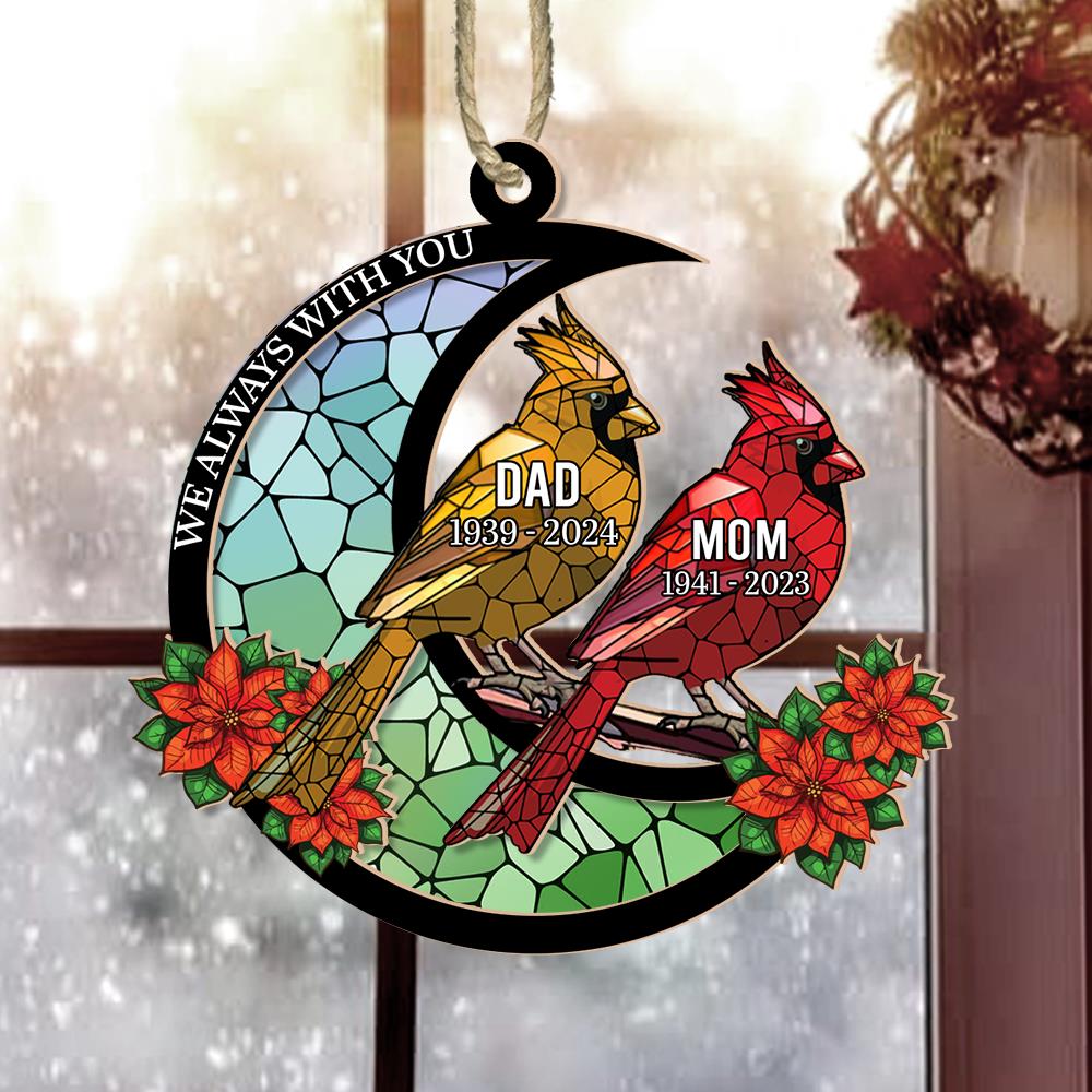 Memorial Cardinal Stained Glass Moon - Personalized Window Hanging Suncatcher Ornament