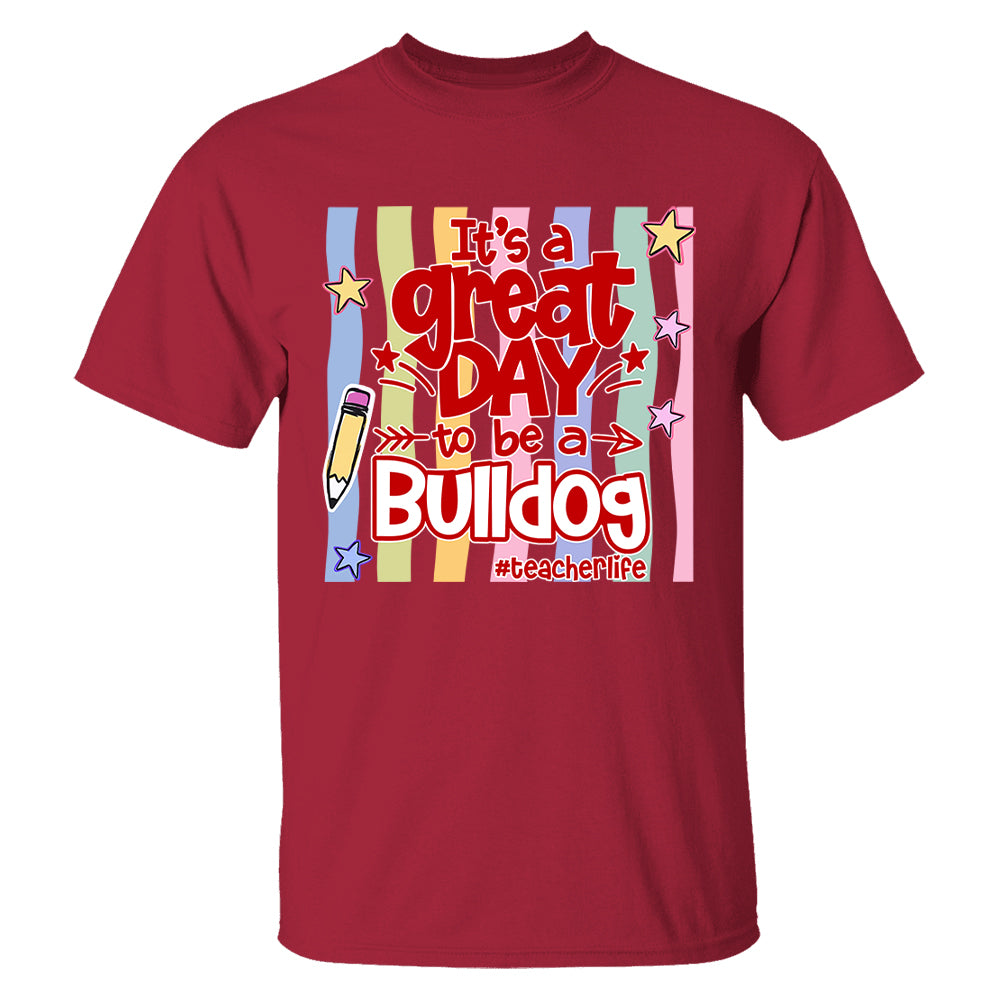 It's A Great Day To Be A Bulldog Personalized School Mascot Retro Stripe Shirt For Teacher T24