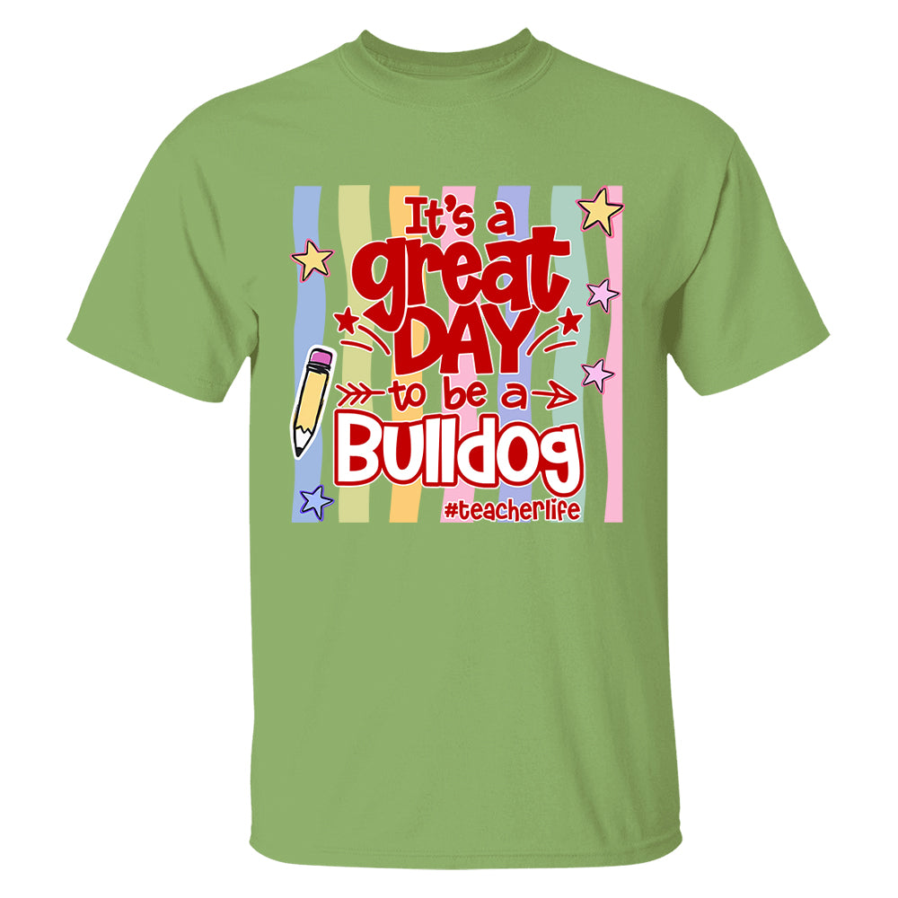 It's A Great Day To Be A Bulldog Personalized School Mascot Retro Stripe Shirt For Teacher T24