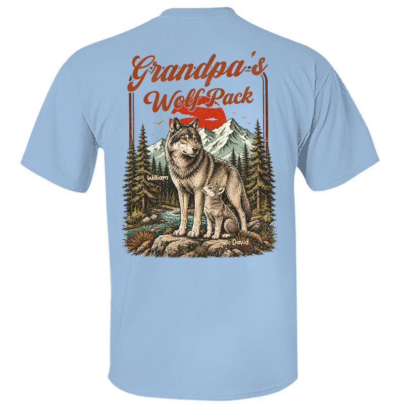 Personalized Grandpa Wolf Pack T-Shirt Father Day Gifts for Dad Funny Papa Tshirt Cool Daddy Wolf Vintage Retro Shirt for Men Pt99