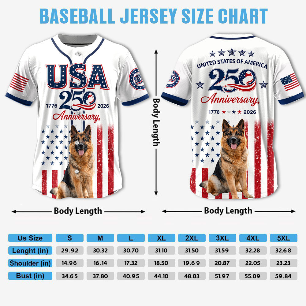 Custom Upload Photo German Shepherd USA 250th Anniversary Baseball Jersey 1776-2026 Patriotic Dog Lovers Shirt Pt99