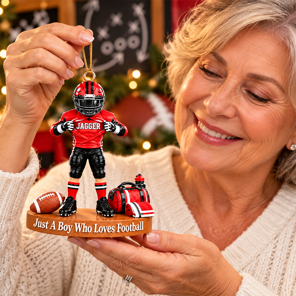 Personalized Football Player Christmas Ornament, Custom Name, Number & Uniform Colors, Just a Boy Who Loves Football Gift New Hv01