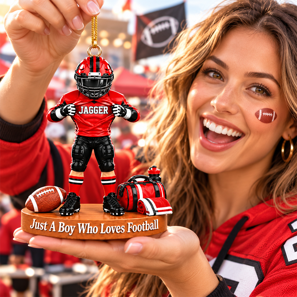 Personalized Football Player Christmas Ornament, Custom Name, Number & Uniform Colors, Just a Boy Who Loves Football Gift New Hv01