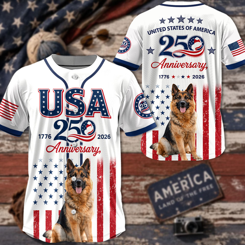 Custom Upload Photo German Shepherd USA 250th Anniversary Baseball Jersey 1776-2026 Patriotic Dog Lovers Shirt Pt99