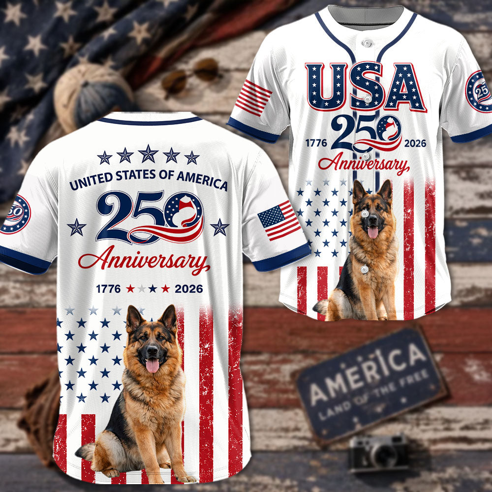 Custom Upload Photo German Shepherd USA 250th Anniversary Baseball Jersey 1776-2026 Patriotic Dog Lovers Shirt Pt99