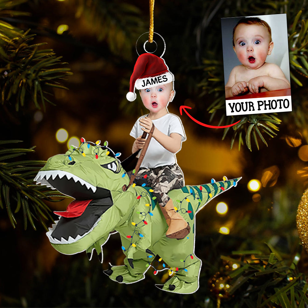 Cute Kid Rides The Dinosaur Kid Photo Acrylic Ornaments, Christmas Gift, Custom Photo Ornament, Funny Ornament