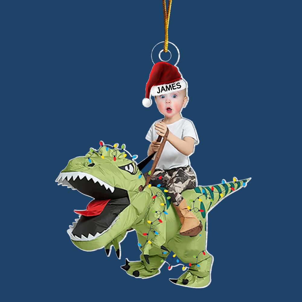 Cute Kid Rides The Dinosaur Kid Photo Acrylic Ornaments, Christmas Gift, Custom Photo Ornament, Funny Ornament
