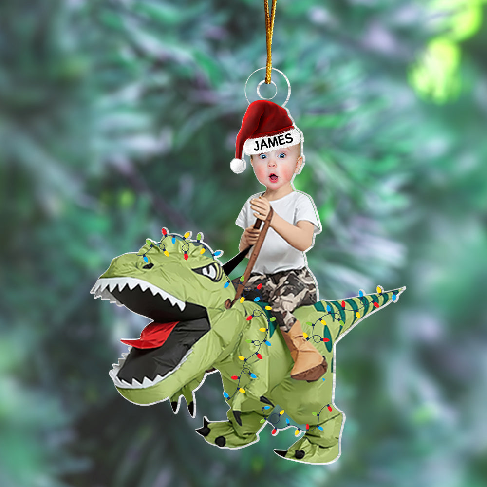Cute Kid Rides The Dinosaur Kid Photo Acrylic Ornaments, Christmas Gift, Custom Photo Ornament, Funny Ornament
