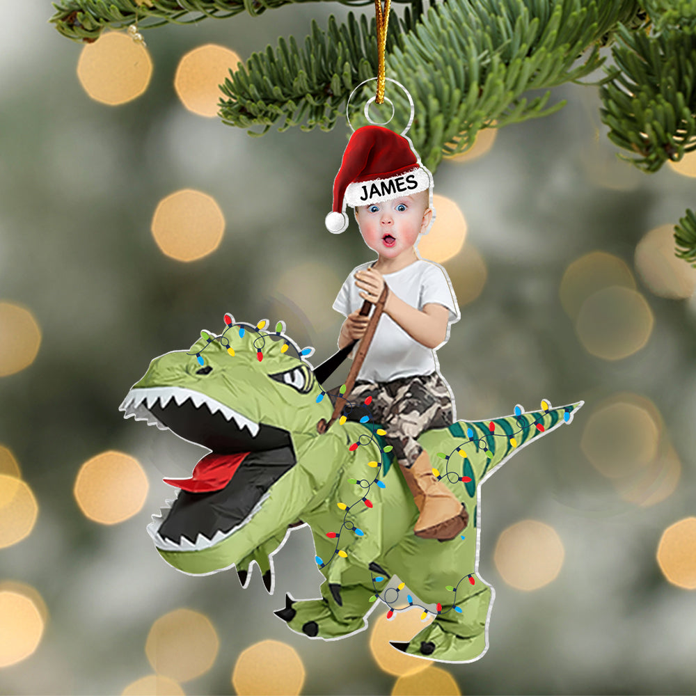 Cute Kid Rides The Dinosaur Kid Photo Acrylic Ornaments, Christmas Gift, Custom Photo Ornament, Funny Ornament