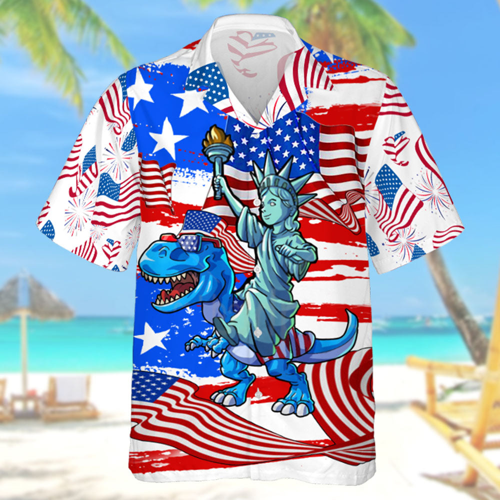 Dino Statue Of Liberty American Flag Hawaiian Shirt
