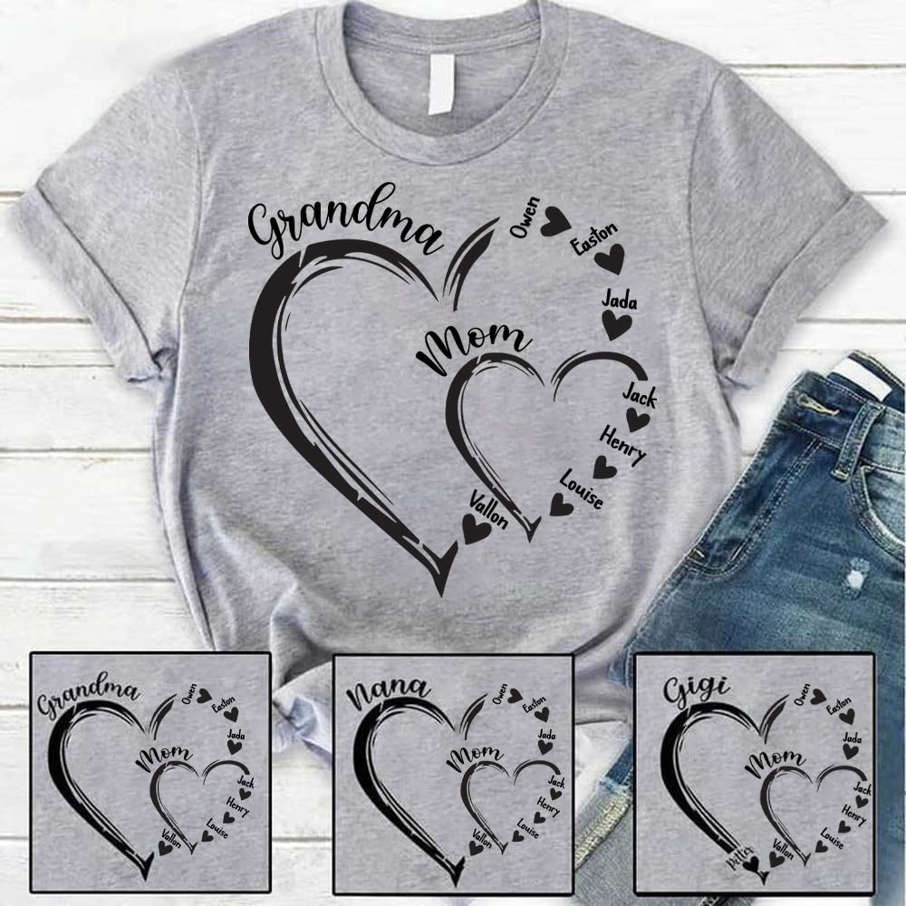 Custom Grandma Mom Heart Shirt, Personalized Nana Shirt, Mimi Shirt - Best Gifts For Mother's Day