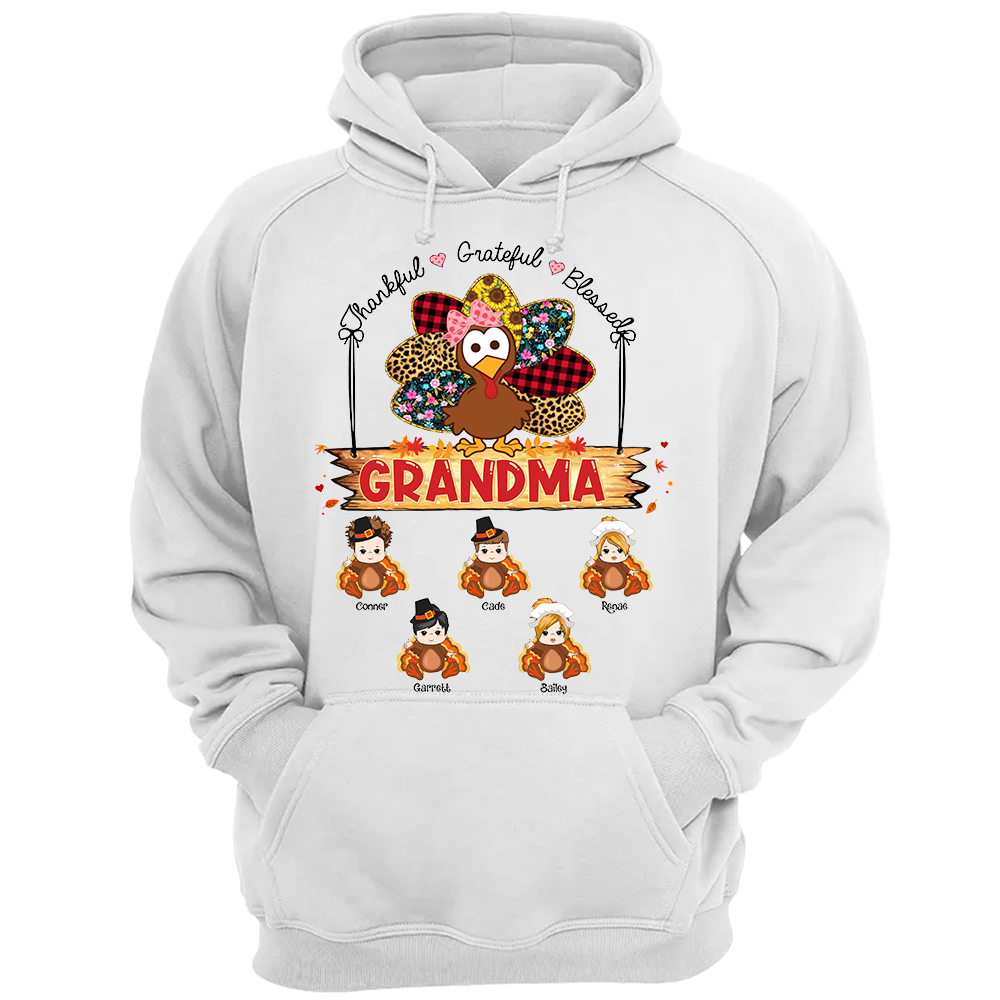 Custom Thankful Grateful Blessed Grandma Turkey Shirt - Custom Thanksgiving Shirt For Family