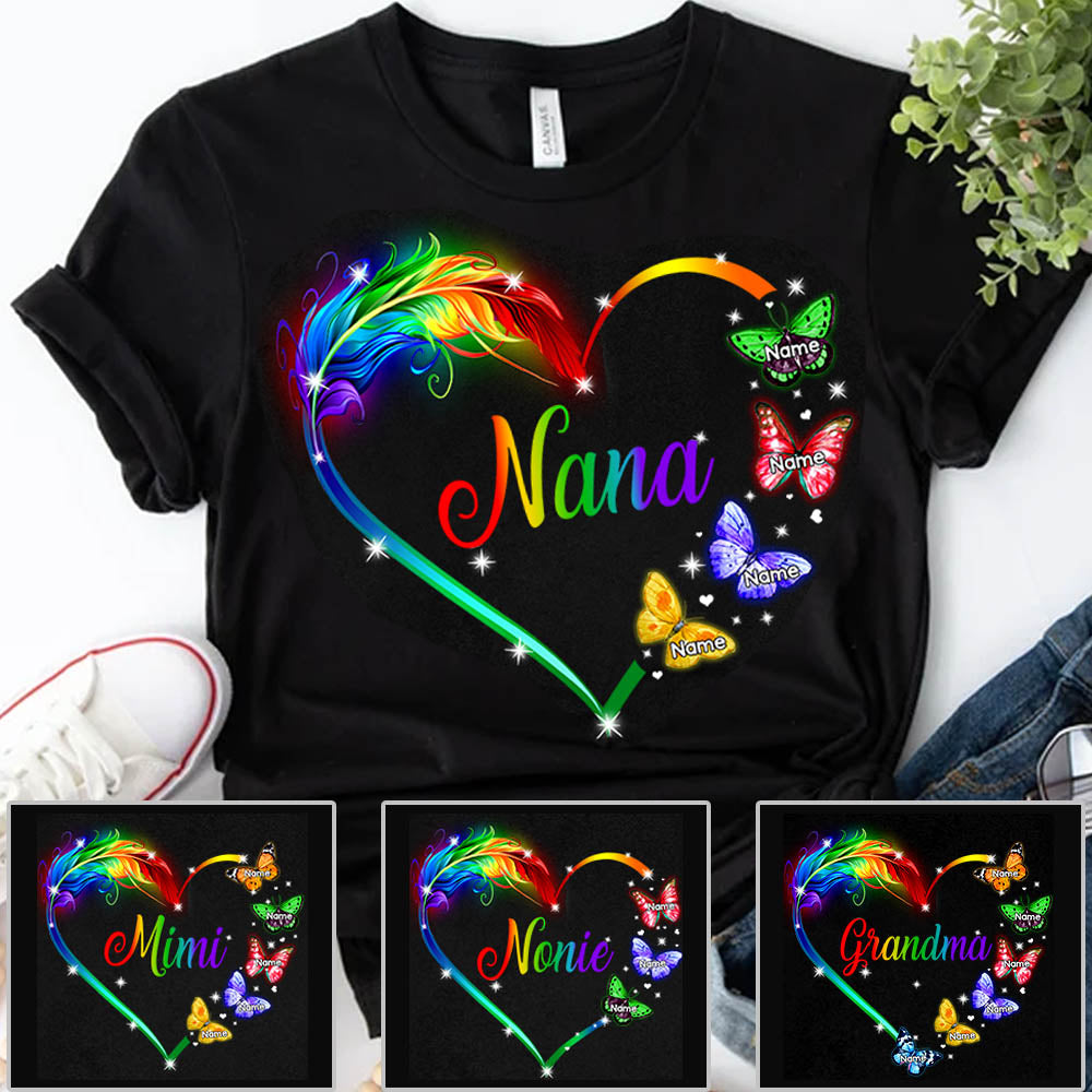 Personalized Nana Butterflies Colorful Heart Custom Shirt Nana With Grandkids Names