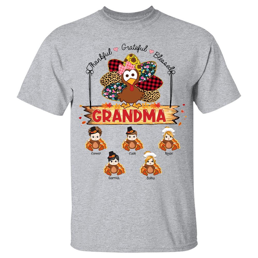 Custom Thankful Grateful Blessed Grandma Turkey Shirt - Custom Thanksgiving Shirt For Family