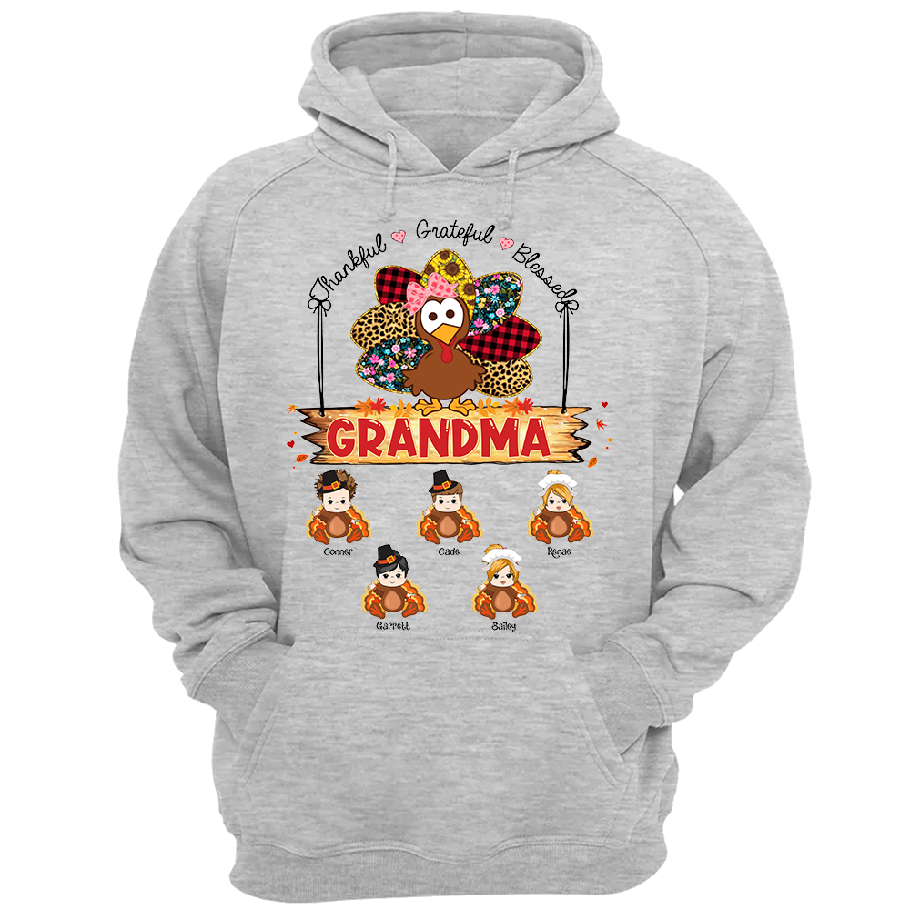 Custom Thankful Grateful Blessed Grandma Turkey Shirt - Custom Thanksgiving Shirt For Family