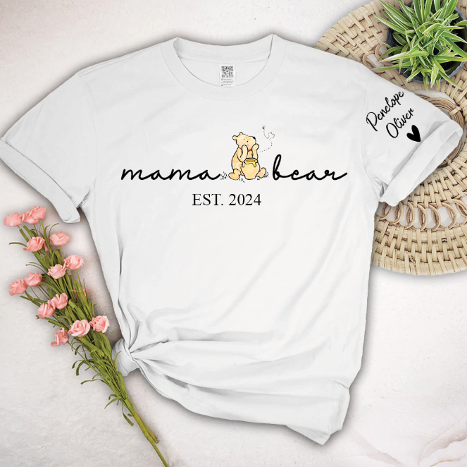 Custom Mama Bear Shirt With Kid Name On Sleeve, Mother's Day Gift For New Mom, Grandma
