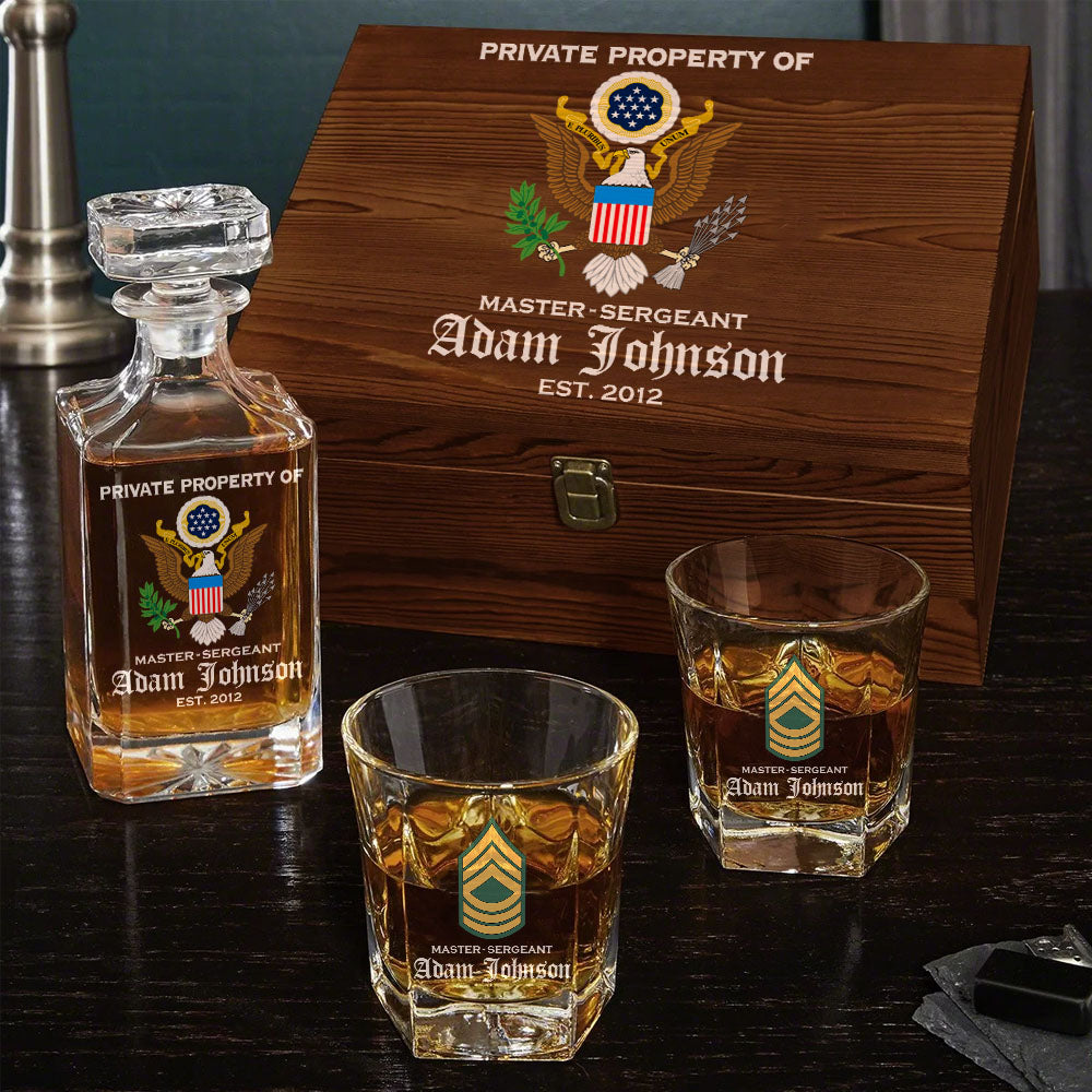 Private Property Of US Military Veteran Custom All Branches Whiskey Decanter Set Gift For Veteran Dad Grandpa H2511