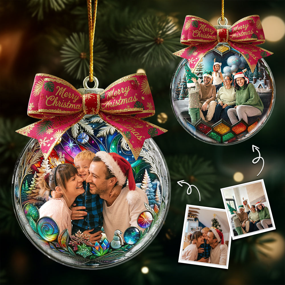 Custom Photo Family In Christmas Bow Ball - Personalized Acrylic Photo Ornament Hv01