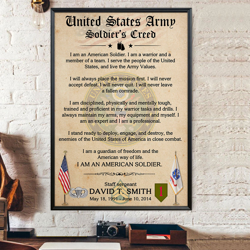 US Military Soldiers Creed I Am An American Soldier Custom All Branch Personalized Canvas Poster K1702