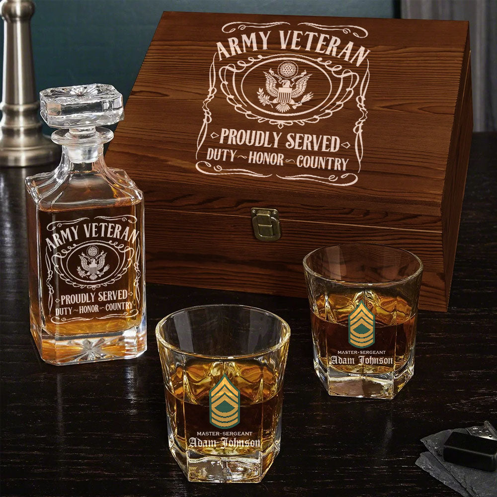 Proudly Served Duty Honor Country Personalized Veteran Whiskey Decanter Set Gift For Veteran H2511
