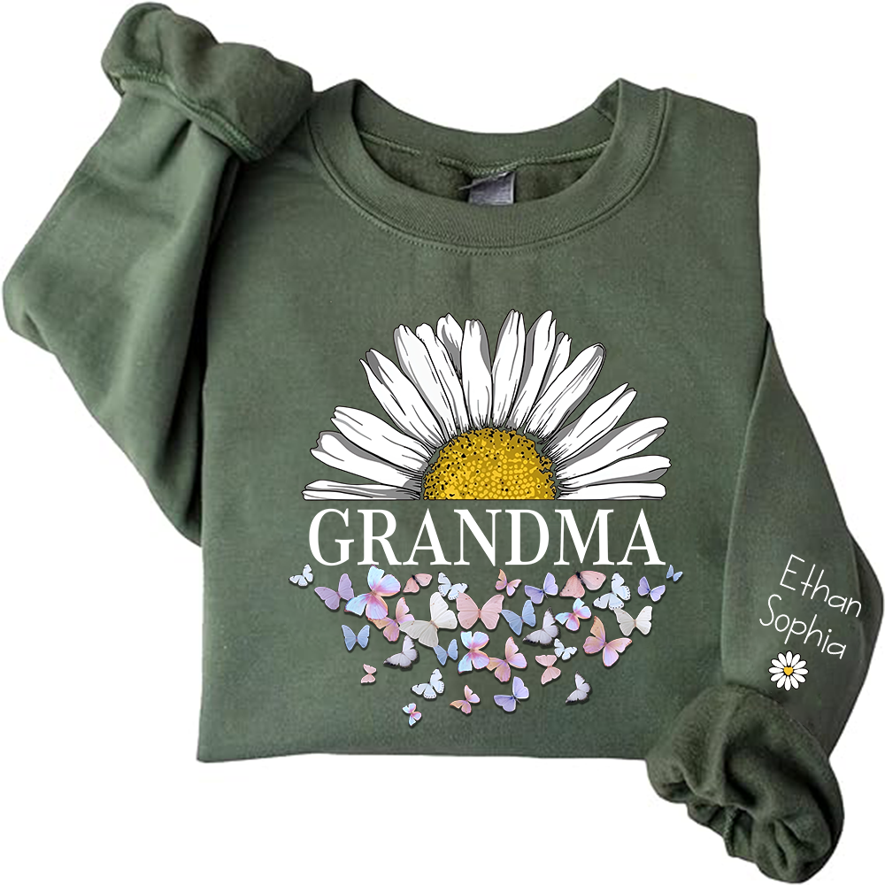 Personalized Grandma Daisy And Butterflies Sweatshirt, Custom Grandma Shirt With Kids Name On Sleeve,Christmas Mothers Day Grandma Mom Gift